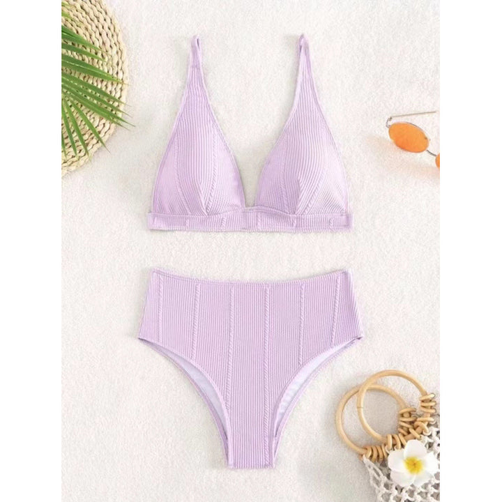 Dame Højt skåret bikini med elegant V-udskæring og ribbet design Skovae