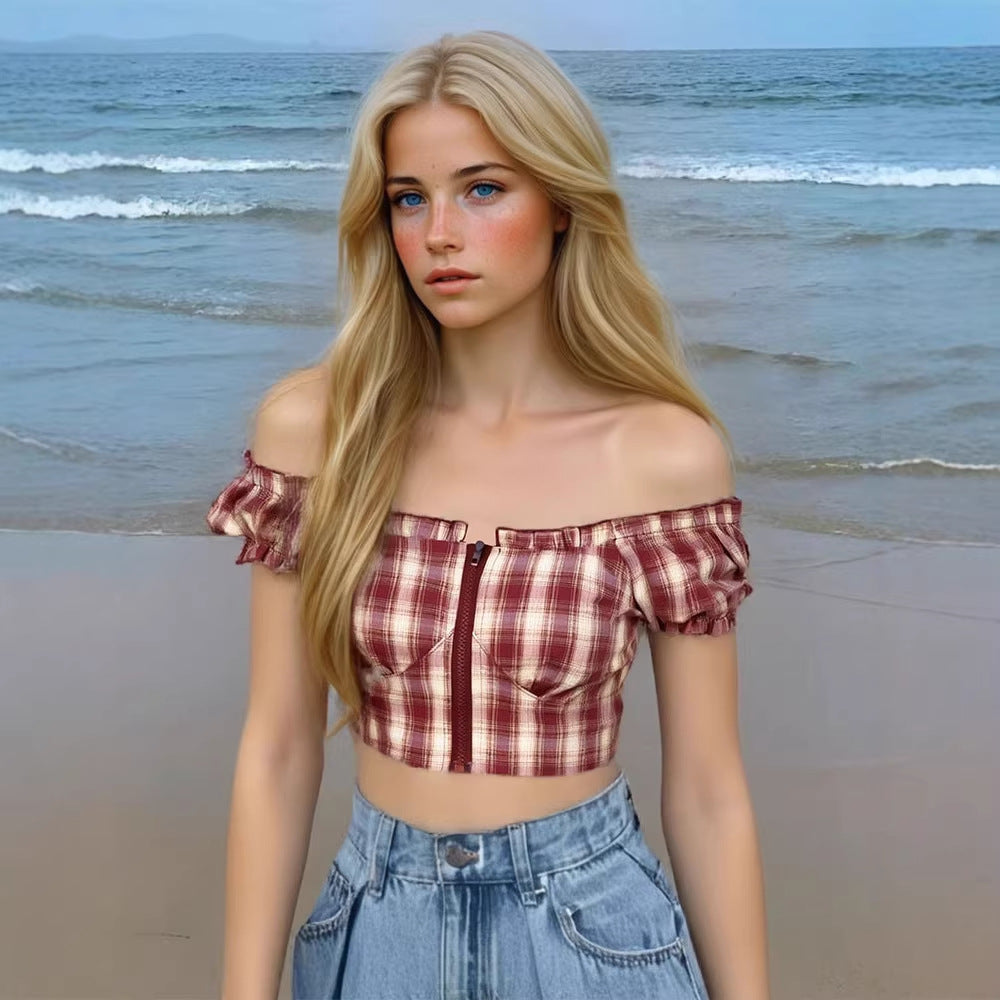 Dame Cropped Bluse med Puffærmer og lynlås Skovae