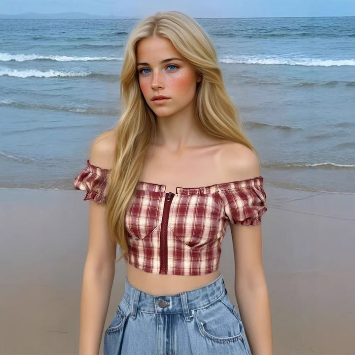 Dame Cropped Bluse med Puffærmer og lynlås Skovae