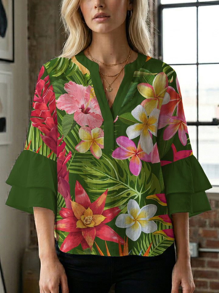 Dame bluse skjorte med voluminøse ærmer og blomstermønster Skovae
