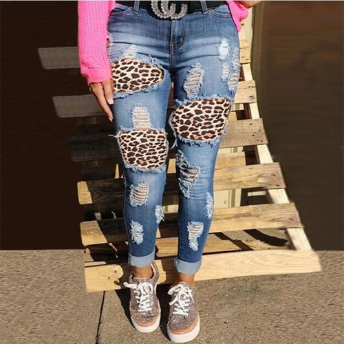 Dame Ripped Skinny Jeans med leopardmønster-applikationer Stilla