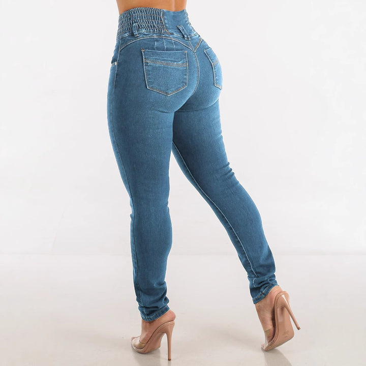 Dame High-Waist Skinny Jeans med elastisk liv Stilla