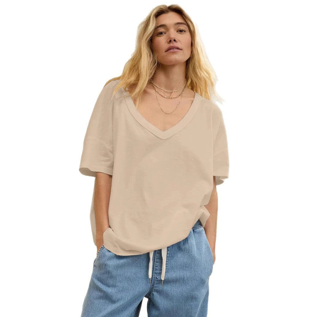 Dame afslappet oversized T-shirt med dyb V-hals Stilla