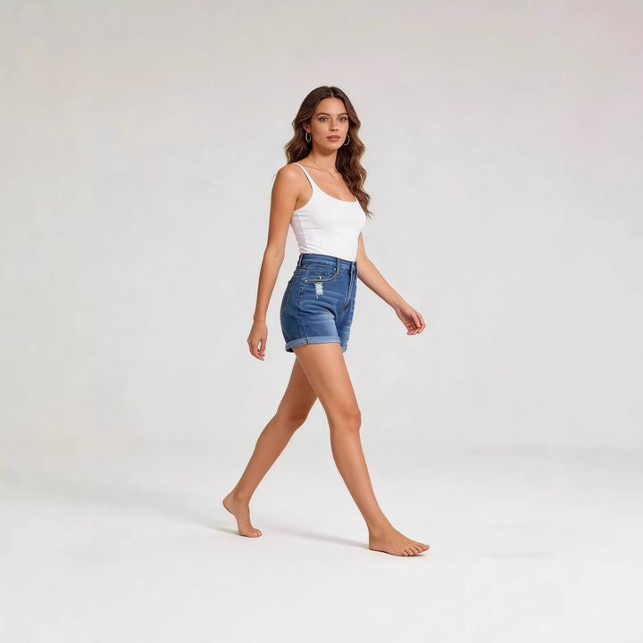 Dame High-Waist Denim-Shorts med afslappet snit og moderne destroyed-detaljer Skovae