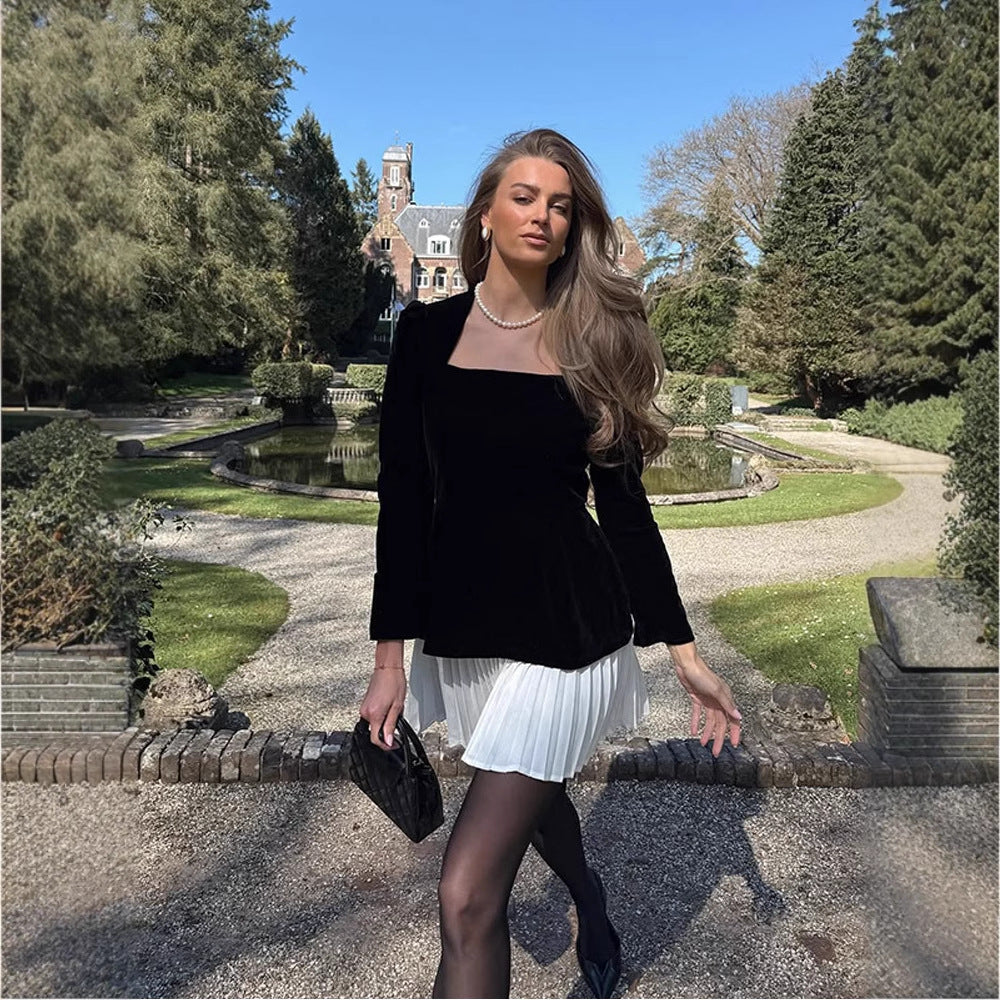 Dame Elegant Mini-kjole med plisseret nederdel og skulderpuder Stilla