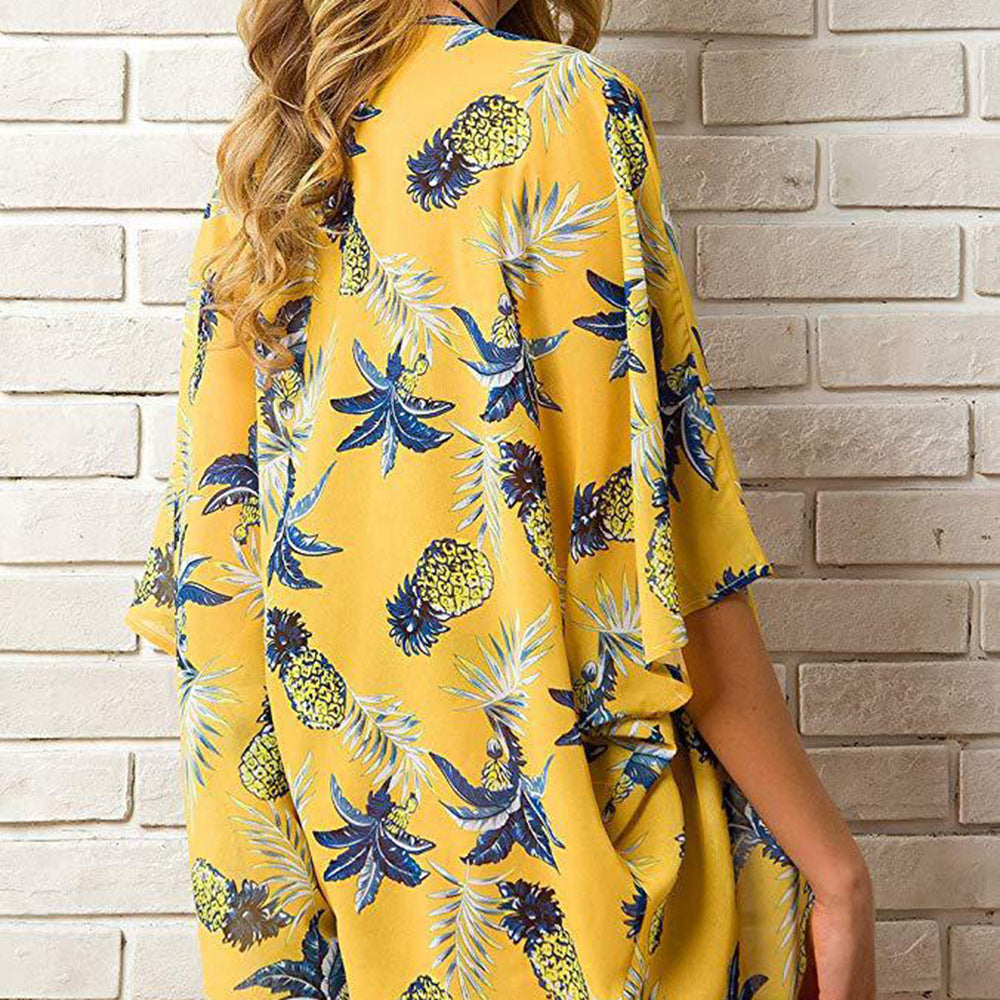 Dame Strandkimono med stilfuldt ananasprint og åbne ærmer Stilla