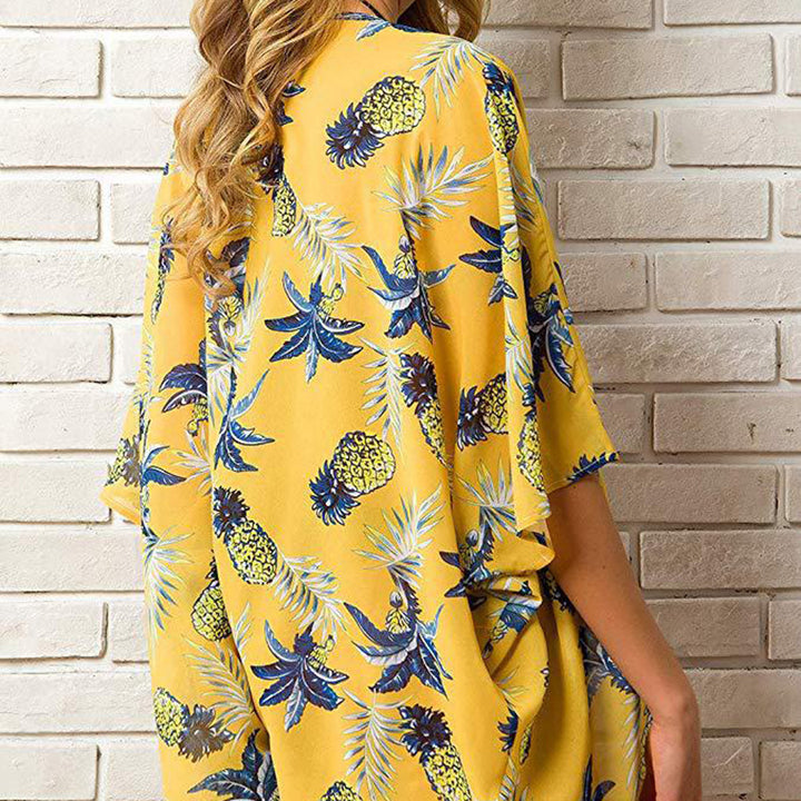 Dame Strandkimono med stilfuldt ananasprint og åbne ærmer Stilla
