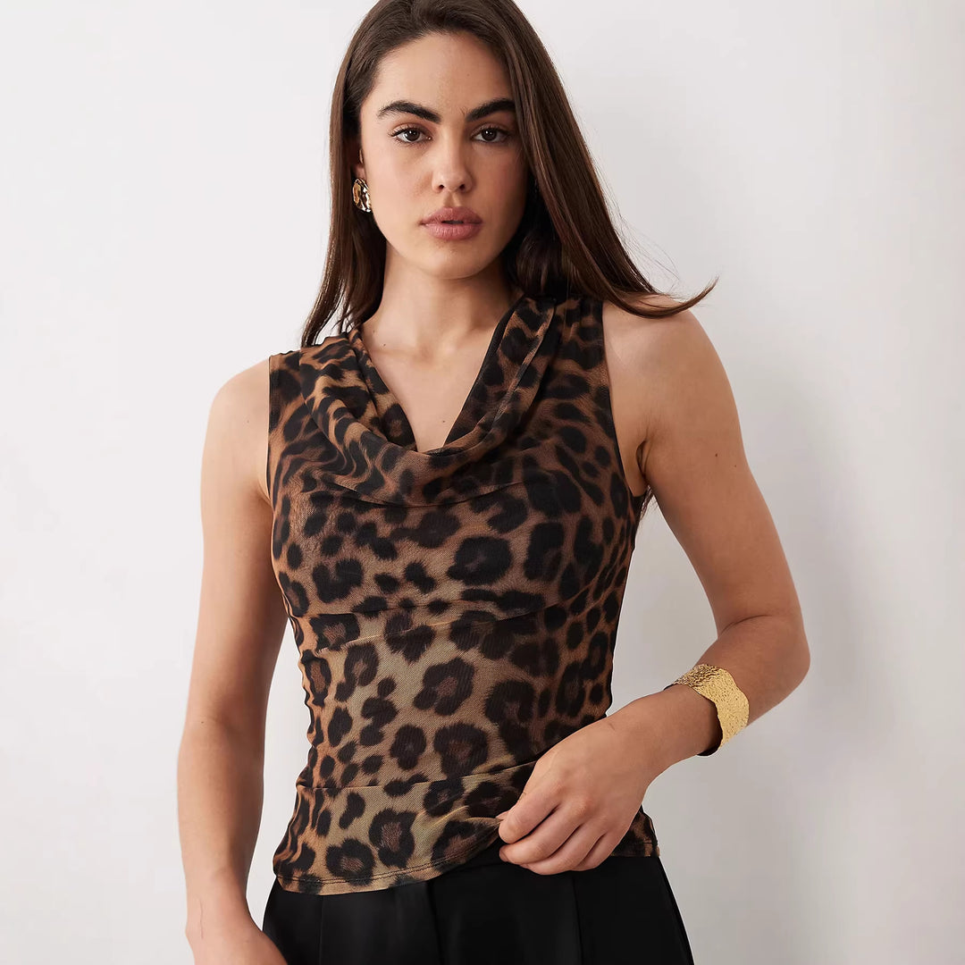 Dame Cowl-Neck Top med leopardmønster og tætsiddende snit Skovae