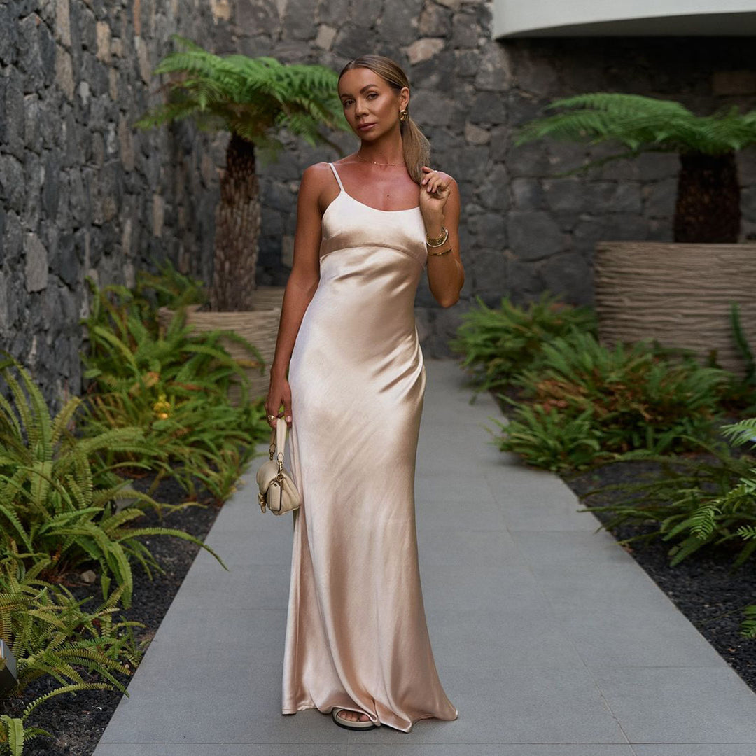 Dame Elegant Satin Maxikjole med ultratynde spaghetti-stropper Skovae