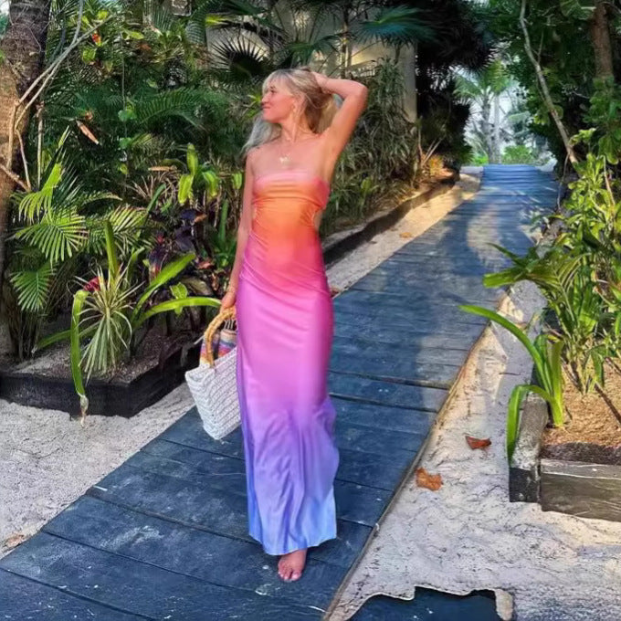 Dame strapless maxikjole i farvegradient Skovae