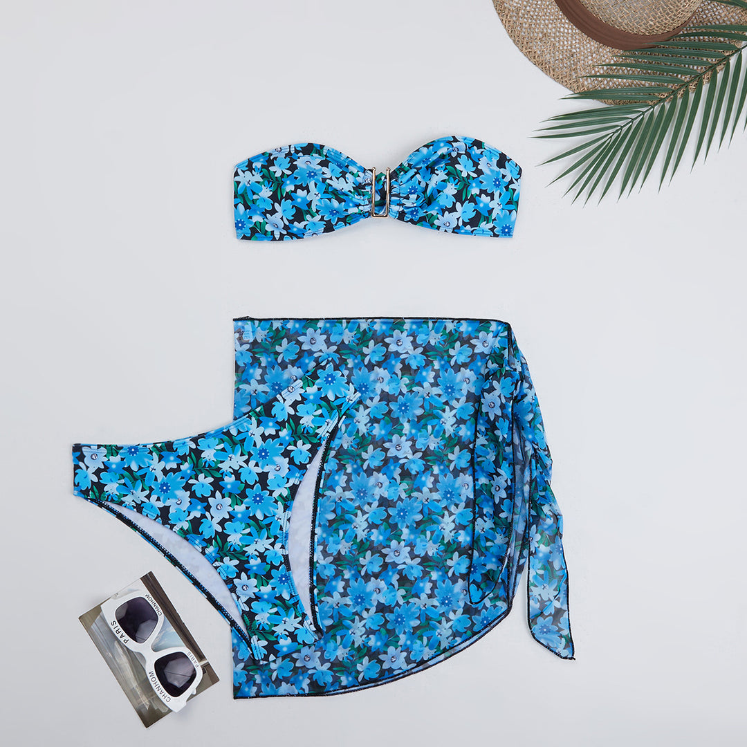 Dame Bandeau-Bikini-sæt med gennemsigtig indpakningsskørt og blomsterdesign Stilla