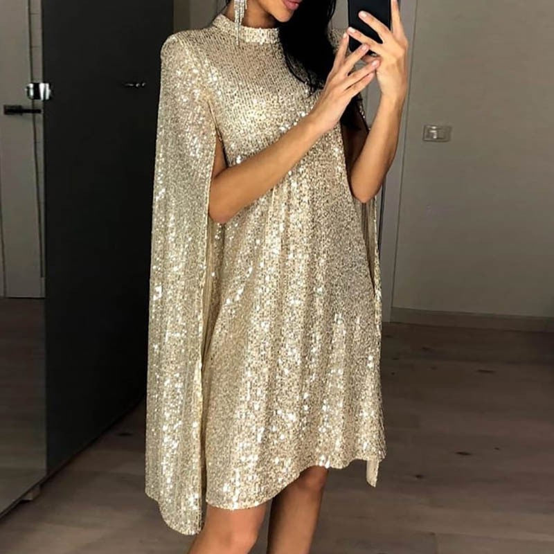 Dame aftenkjole med glitrende cape-snit og glamourøse pailletter stil