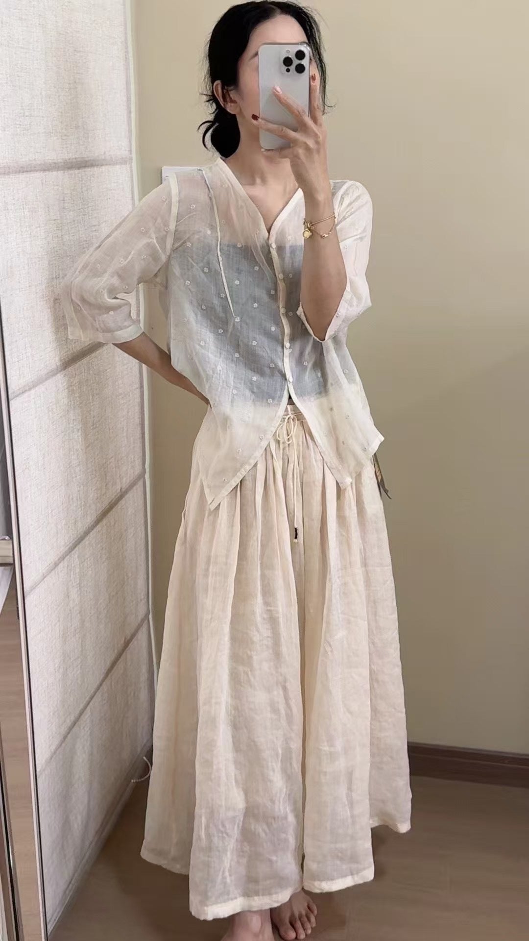 Femme Trekvart-ærme Button-Up Linned Top Stilla
