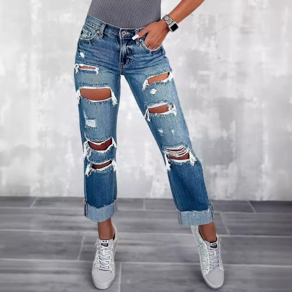 Dame Ripped Boyfriend Jeans i den trendy vintage-look med vidde ben Stilla