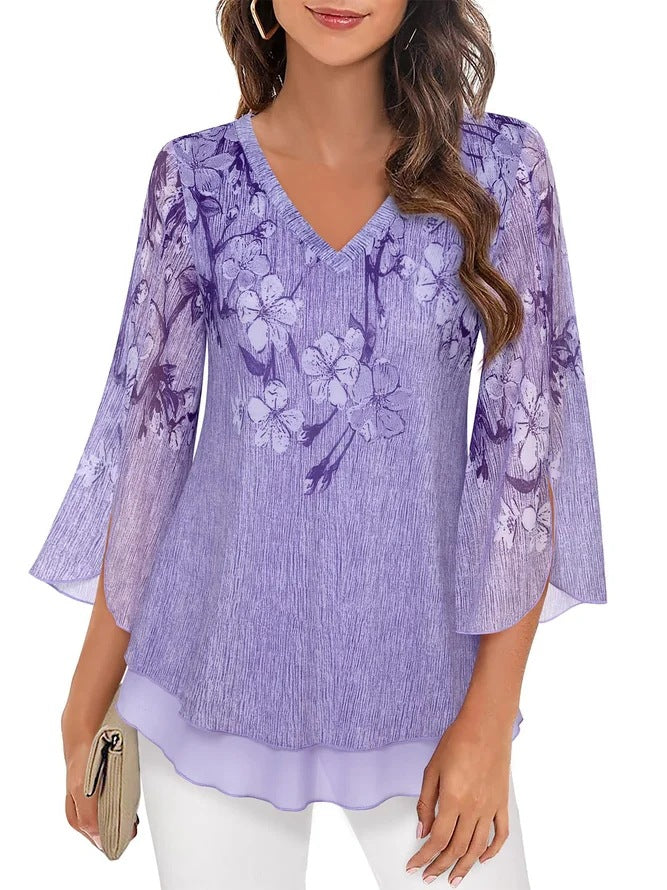 Dame elegant chiffonbluse med florale applikationer og bred ærme Stilla