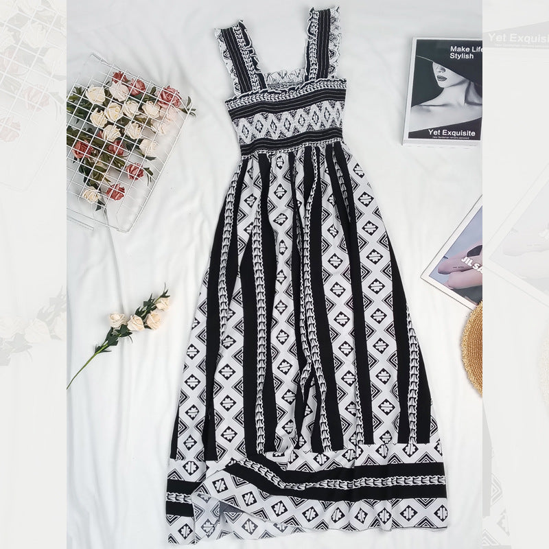 Dame Boho Maxikjole med flæse detaljer og geometrisk mønster Stilla