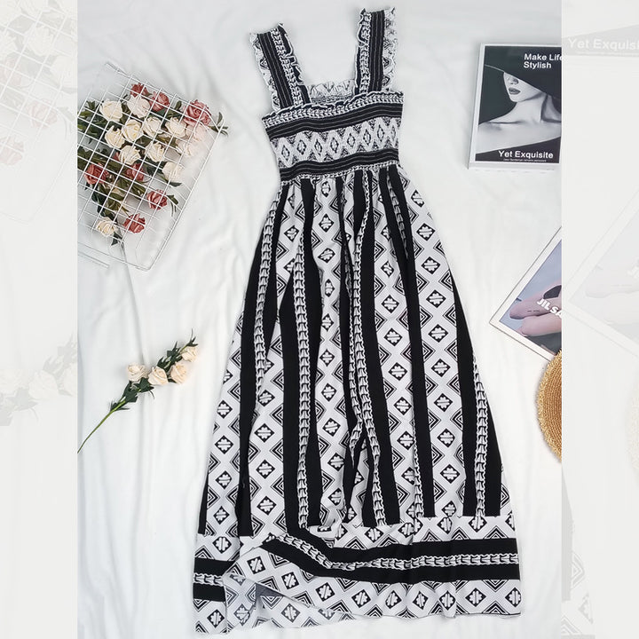 Dame Boho Maxikjole med flæse detaljer og geometrisk mønster Stilla