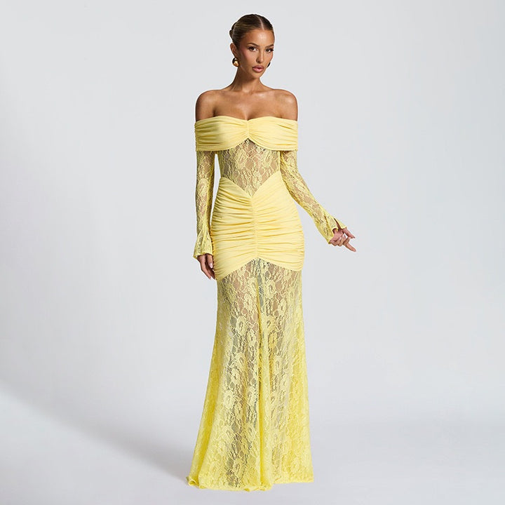 Dame Elegant Langærmet Spidskjole med Draperinger og Off-Shoulder Design Skovae