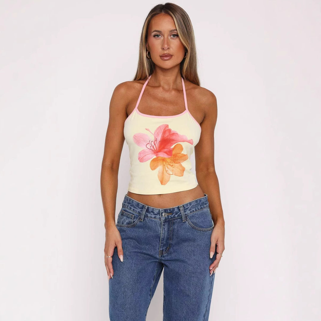 Dame Crop-Top med floraltryk og justerbare stropper Skovae