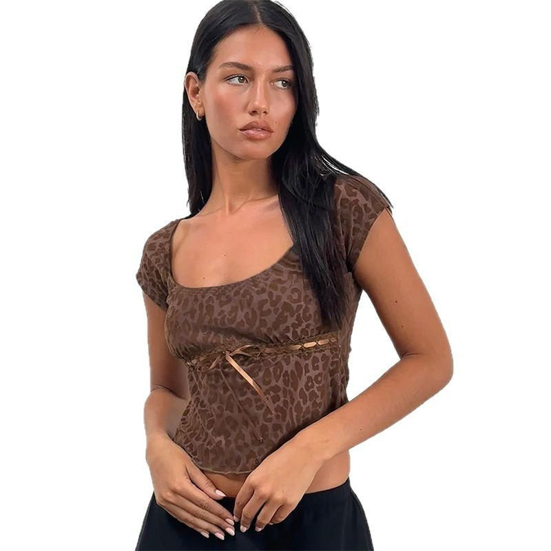 Dame leopardmønster crop top med binde Stilla