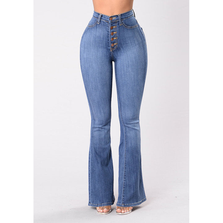 Kvindernes Høj Talje Flared Jeans med Dekorative Knapper Stilla