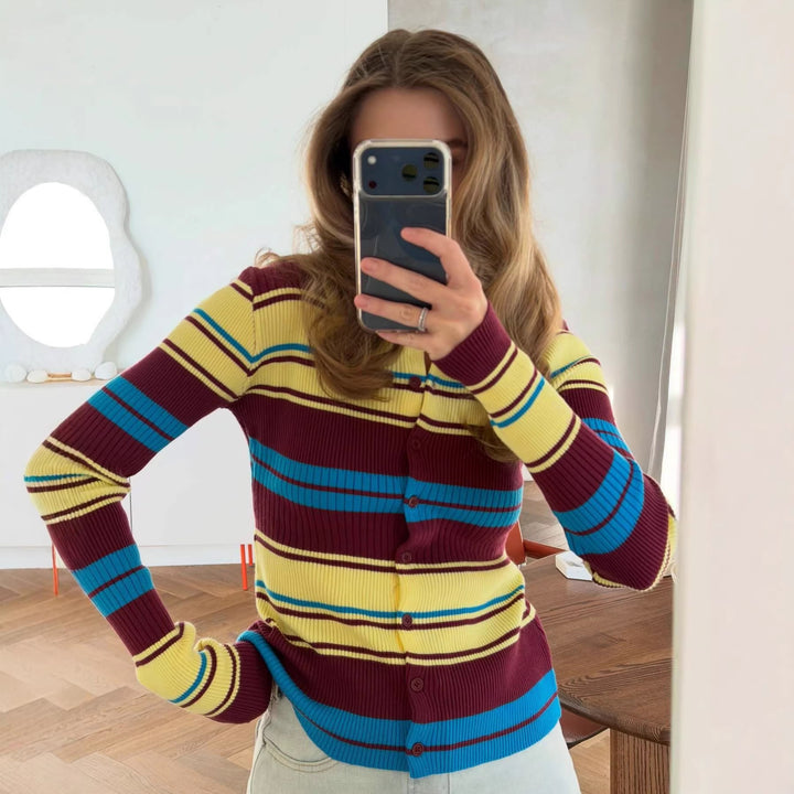 Kvinders ribbet cardigan med brede striber og krave Stilla
