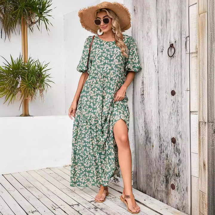 Dame Floral Lagdelt Maxikjole med Puffærmer Stilla