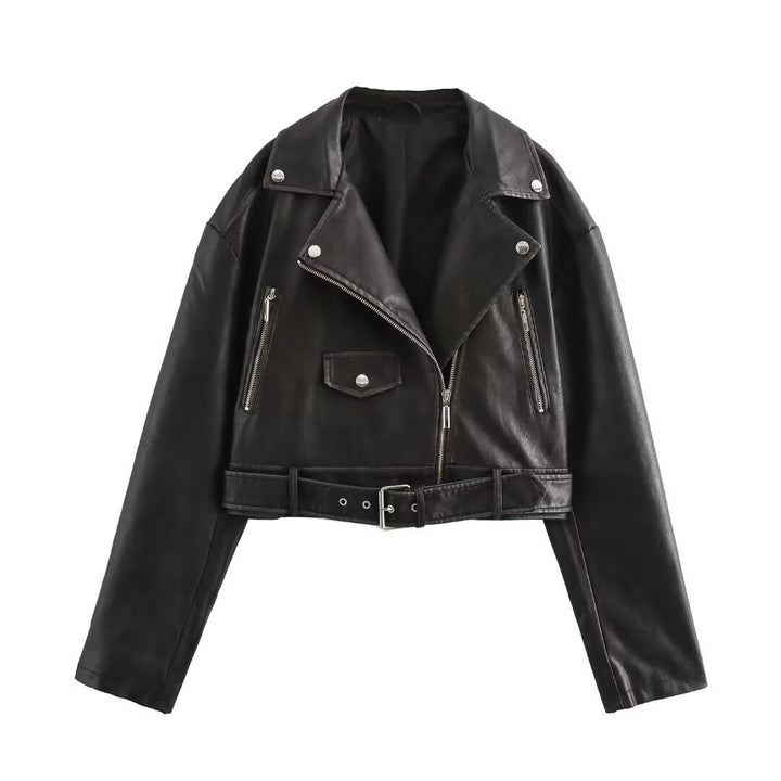 Femme Cropped Bikerjakke med Bælte Detalje Stilla