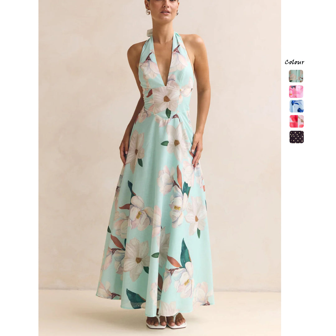 Dame maxikjole med dyb V-udskæring og blomsterdetaljer Skovae