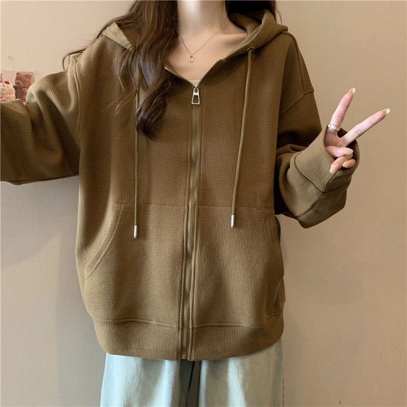 Femme Zip-Up Vaffelstrik Hoodie med Oversized Pasform Stilla