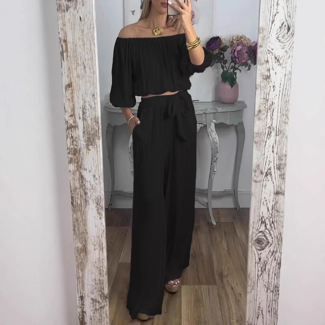 Dame Off-Shoulder Plissé Lounge Sæt Stilla