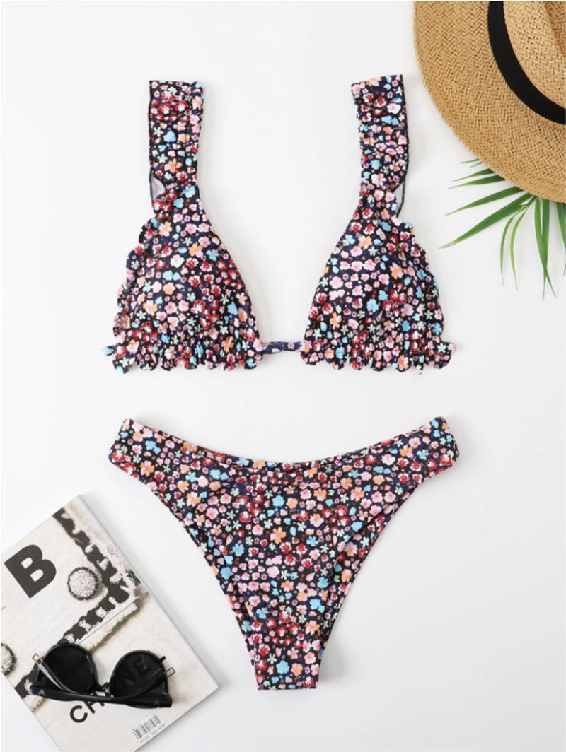 Femme Floral Print Ruffle Bikini Sæt Stilla