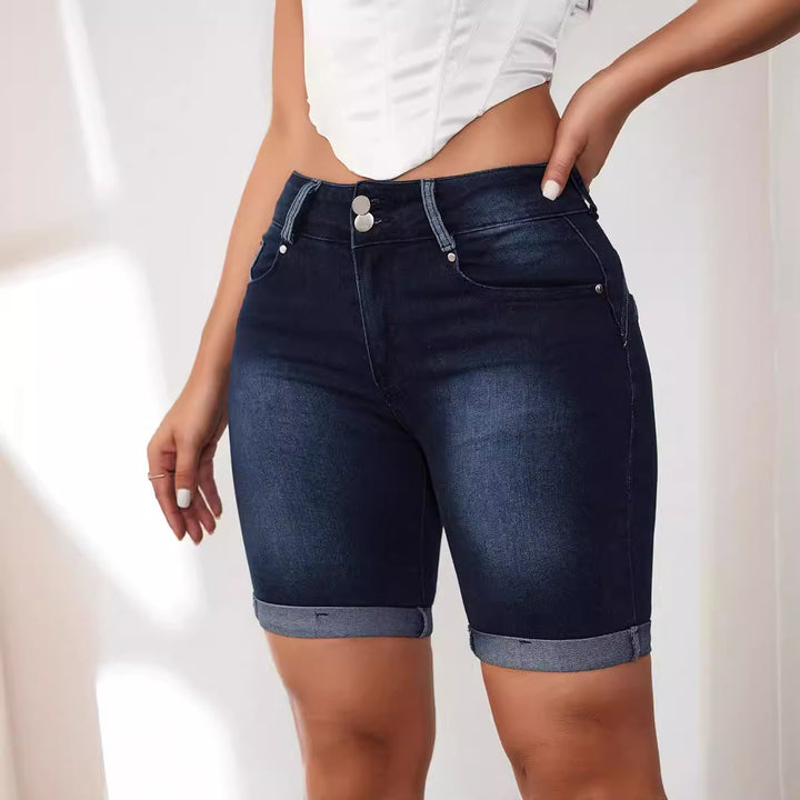Dame Denim-shorts med afslappet opsvinget søm og høj talje Stilla