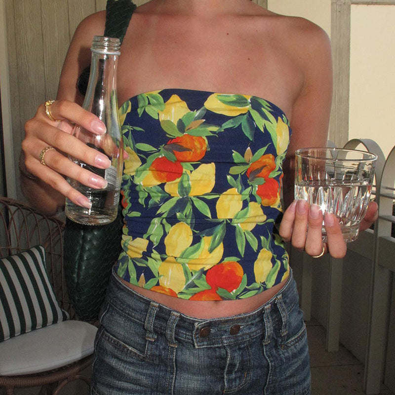Dame trendy top med frugtprint Skovae