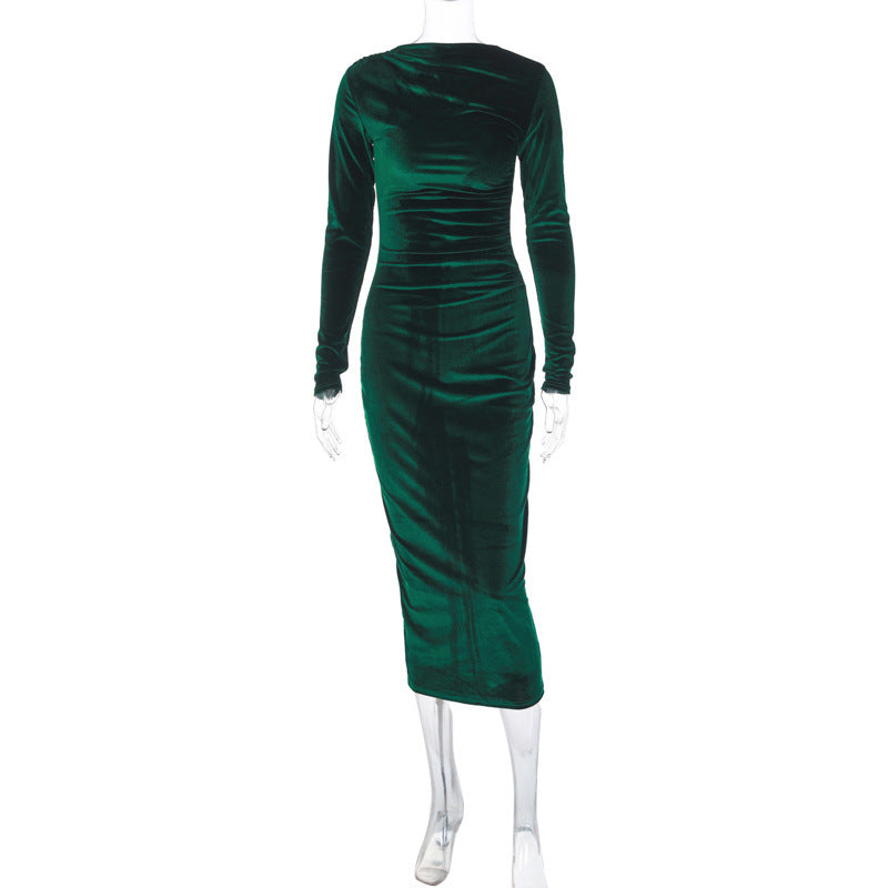 Dame Langærmet Satin-Midi-Kjole med Draperingsdetaljer og Figurvenlig Snit Stilla