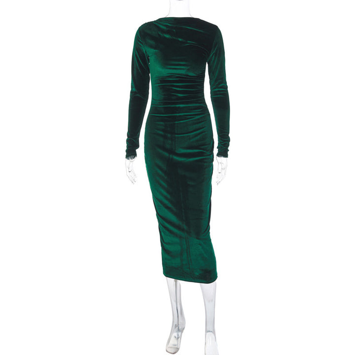 Dame Langærmet Satin-Midi-Kjole med Draperingsdetaljer og Figurvenlig Snit Stilla
