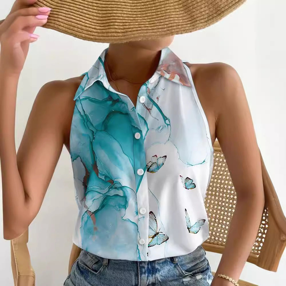 Damebluse med blomsterdesign og krageløs knapstolpe Stilla