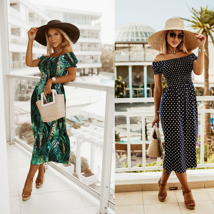 Dame Off-Shoulder Maxi Kjole med tropisk blad Stilla