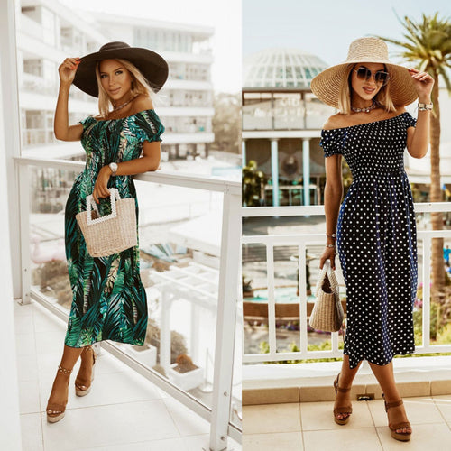 Dame Off-Shoulder Maxi Kjole med tropisk blad Stilla