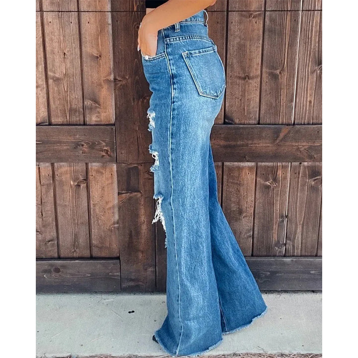 Damer Højt skårne Destroyed Jeans i bred pasform med knaplukning Stilla