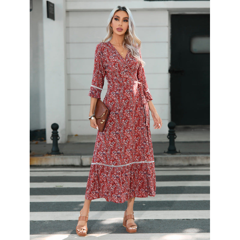Femme Bohemian-Style Maxi Kjole med Rynkede Ærmer Stilla