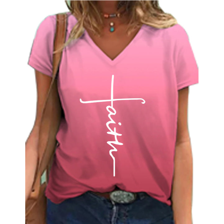 Dame V-hals T-shirt med moderne farveforløb og inspirerende tekst Stilla