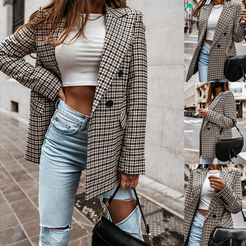 Dame struktureret blazer i klassisk check mønster Stilla