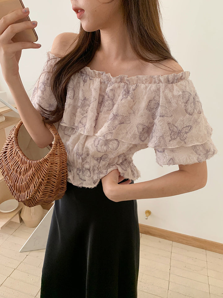 Dame Off-Shoulder Bluse med flæsedetaljer og blomstermønster Stilla