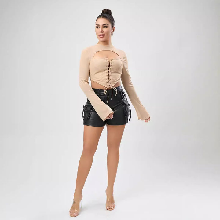 Dame trendy cropped top med cut-outs og snøring Stilla