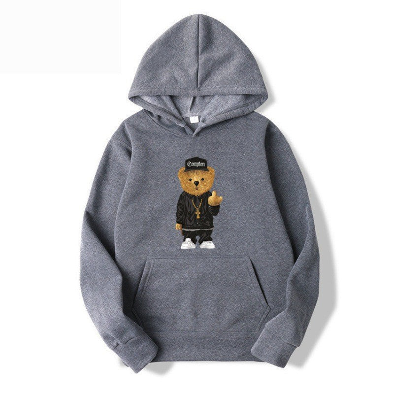 Kvinders hoodie med kunstnerisk bjørnedesign og kængurulomme Skovae