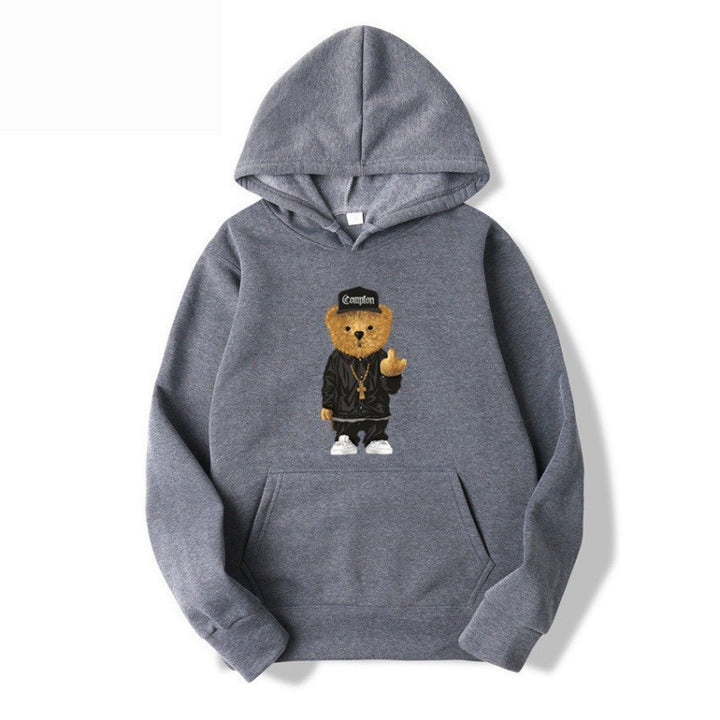 Kvinders hoodie med kunstnerisk bjørnedesign og kængurulomme Skovae