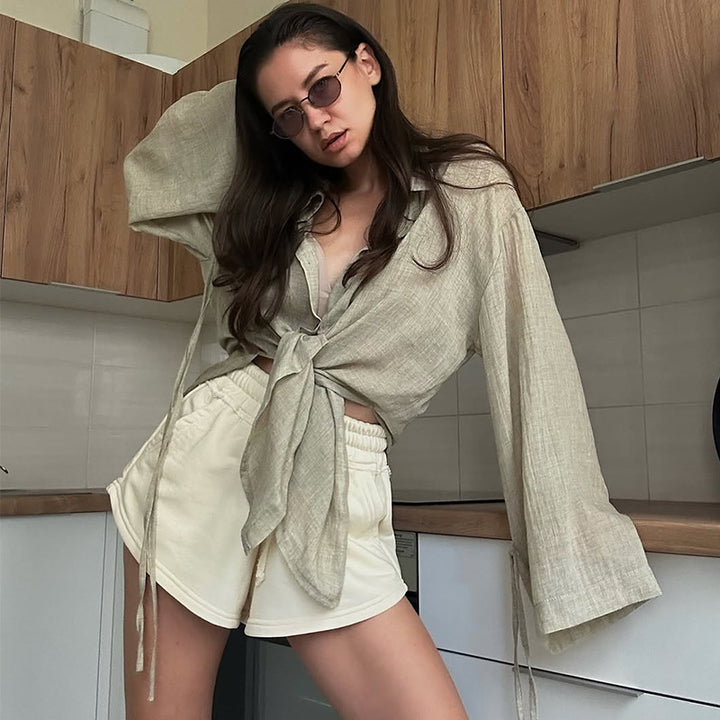 Dame afslappet oversized bluse med bælte og voluminøse ærmer Stilla
