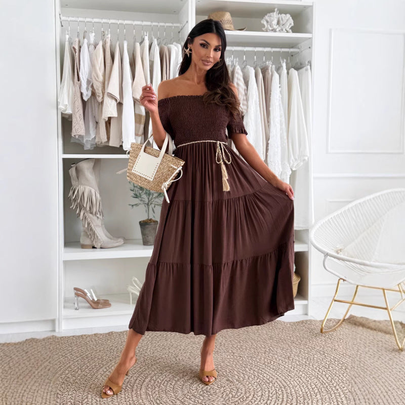 Dame Off-Shoulder Maxikjole med elastisk taljebånd og volantdetaljer Stilla