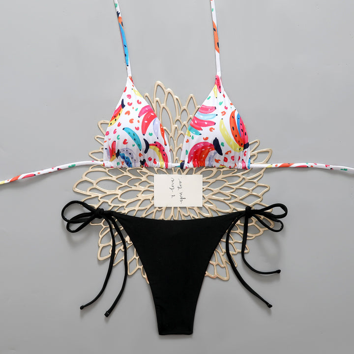 Dame triangel-bikini med farverigt frugtprint og feminine sløjfer Skovae